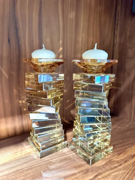 זוג פמוטי קריסטל מדורגים מרובעים , גוון רוז גולד